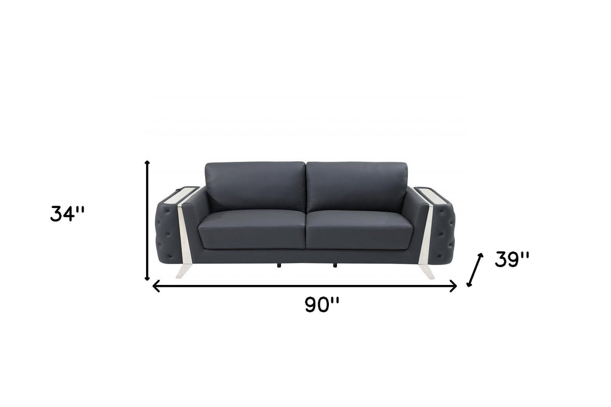 The Langford – Gray Italian Leather Sofa with Silver Legs