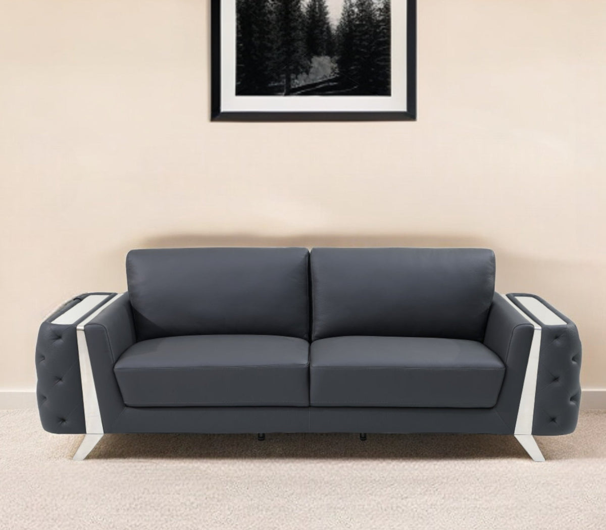The Langford – Gray Italian Leather Sofa with Silver Legs