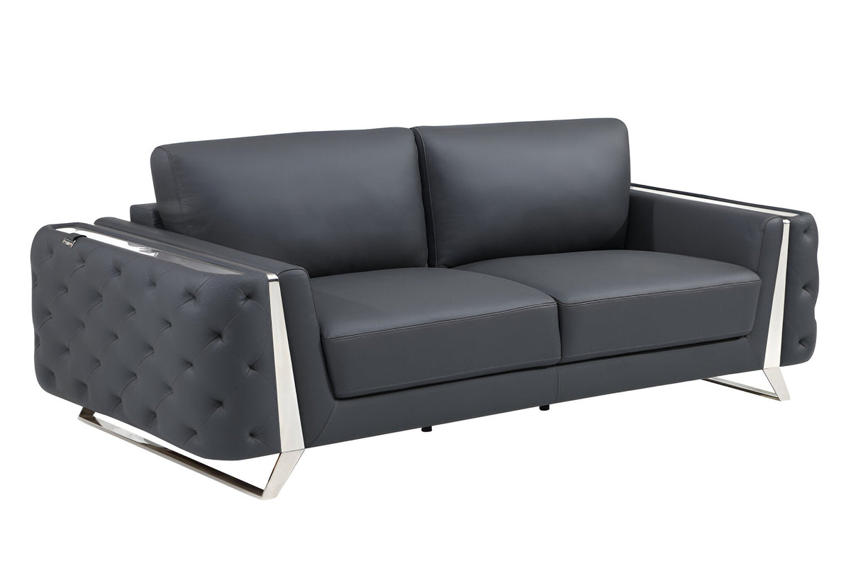 The Langford – Gray Italian Leather Sofa with Silver Legs