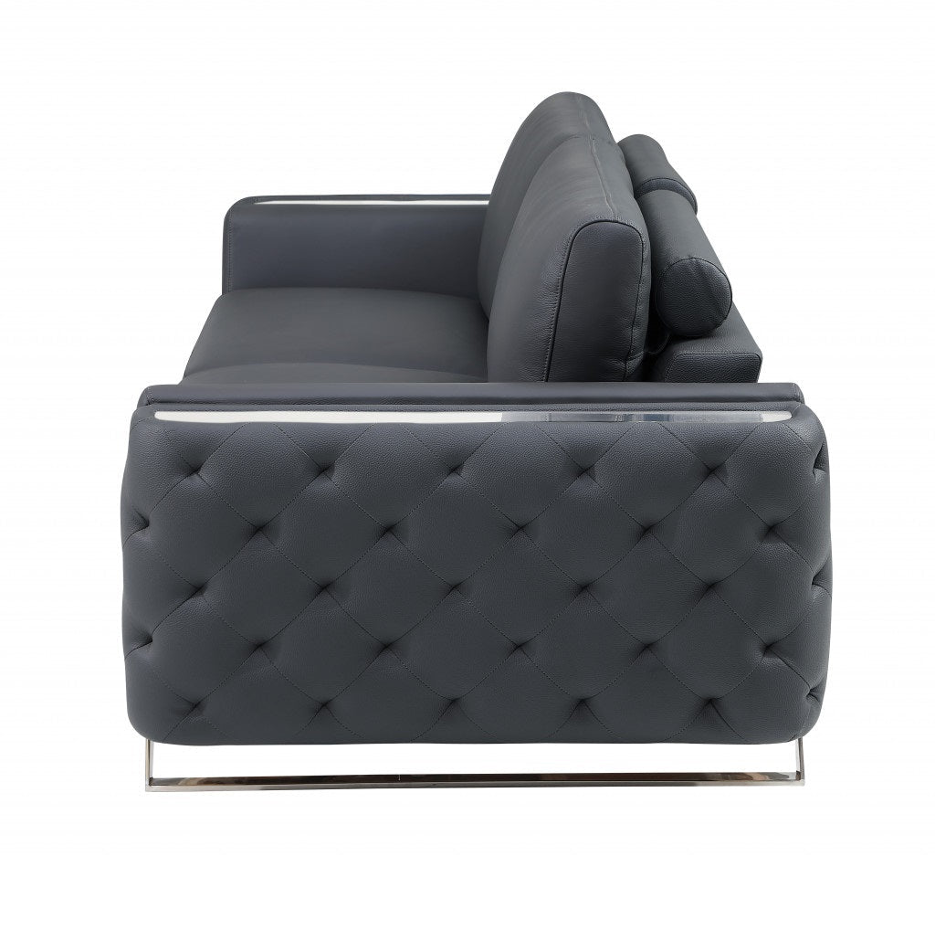 The Langford – Gray Italian Leather Sofa with Silver Legs