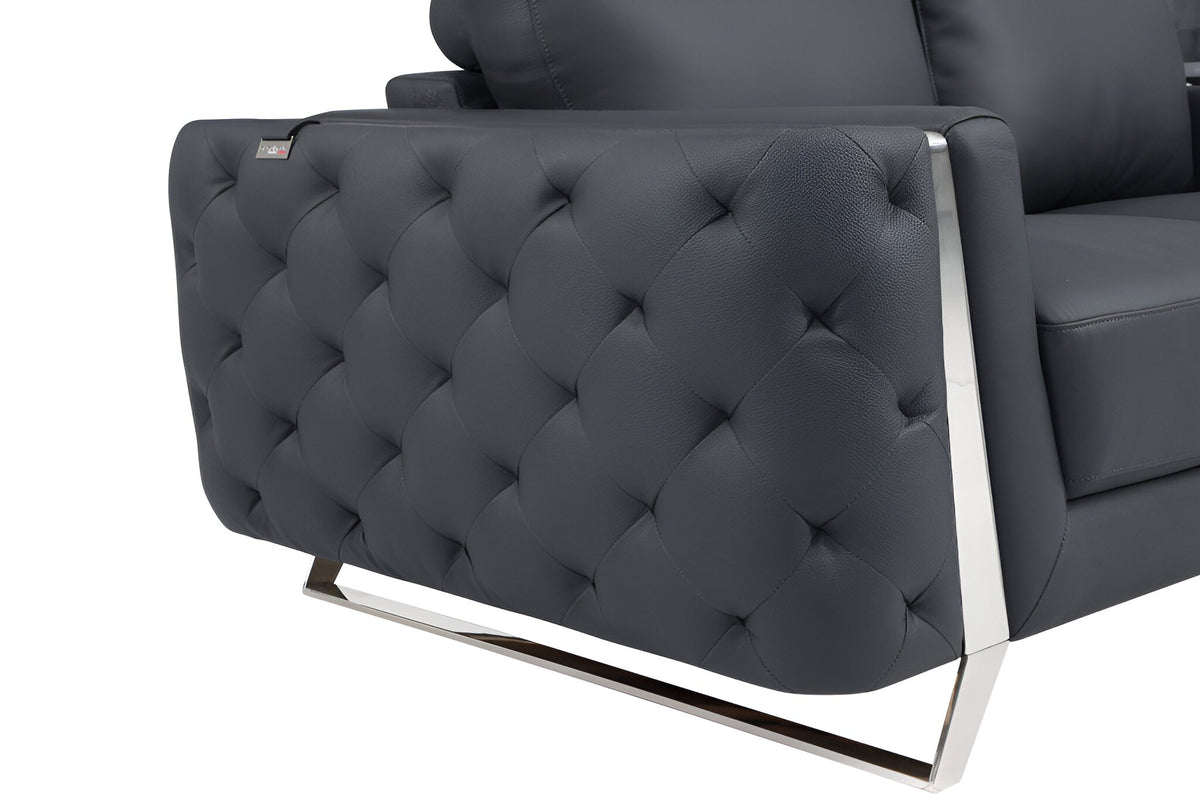 The Langford – Gray Italian Leather Sofa with Silver Legs