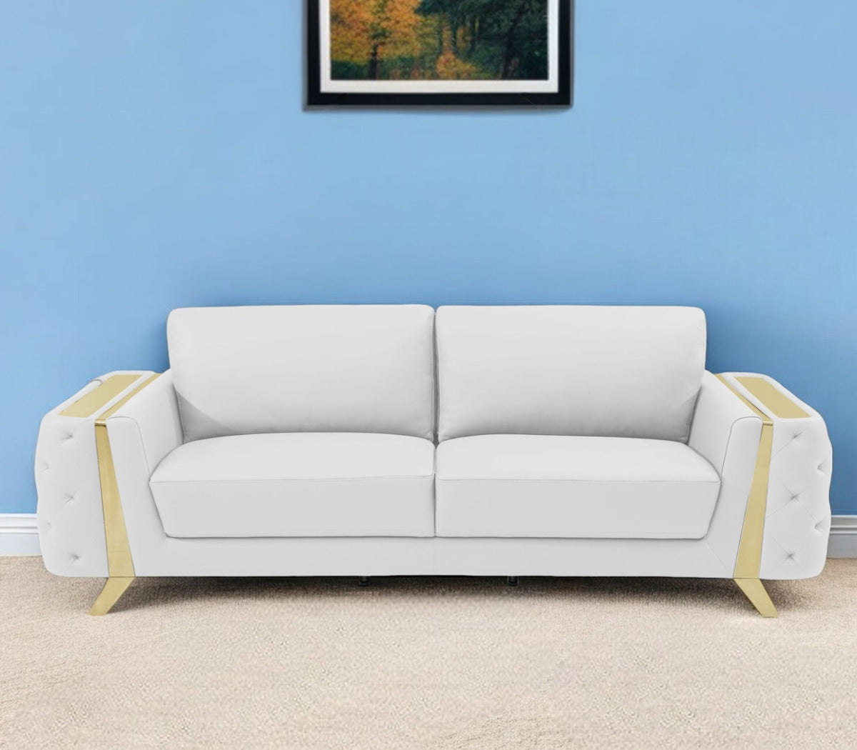 The Monroe – White Italian Leather Sofa with Gold Legs
