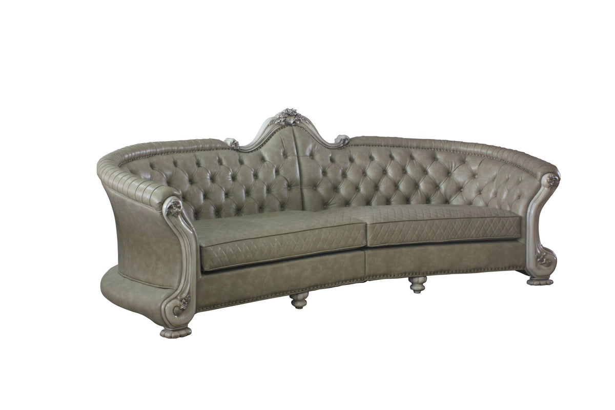 The Elowen – Bone Faux Leather Sofa with Toss Pillows & White Legs
