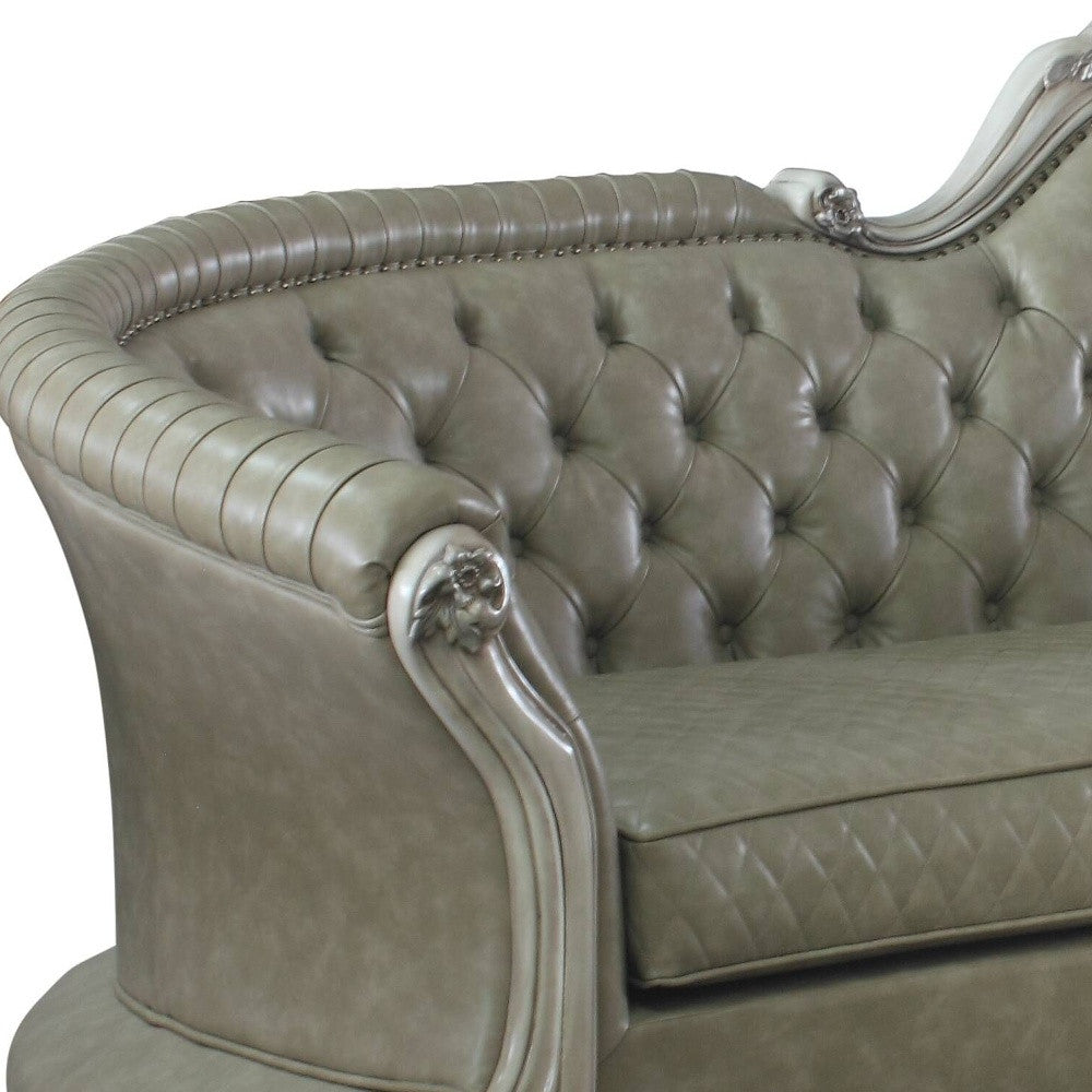 The Elowen – Bone Faux Leather Sofa with Toss Pillows & White Legs