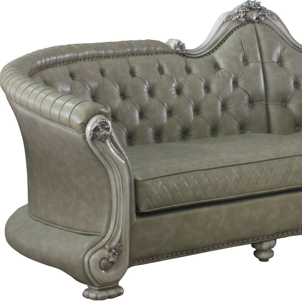 The Elowen – Bone Faux Leather Sofa with Toss Pillows & White Legs