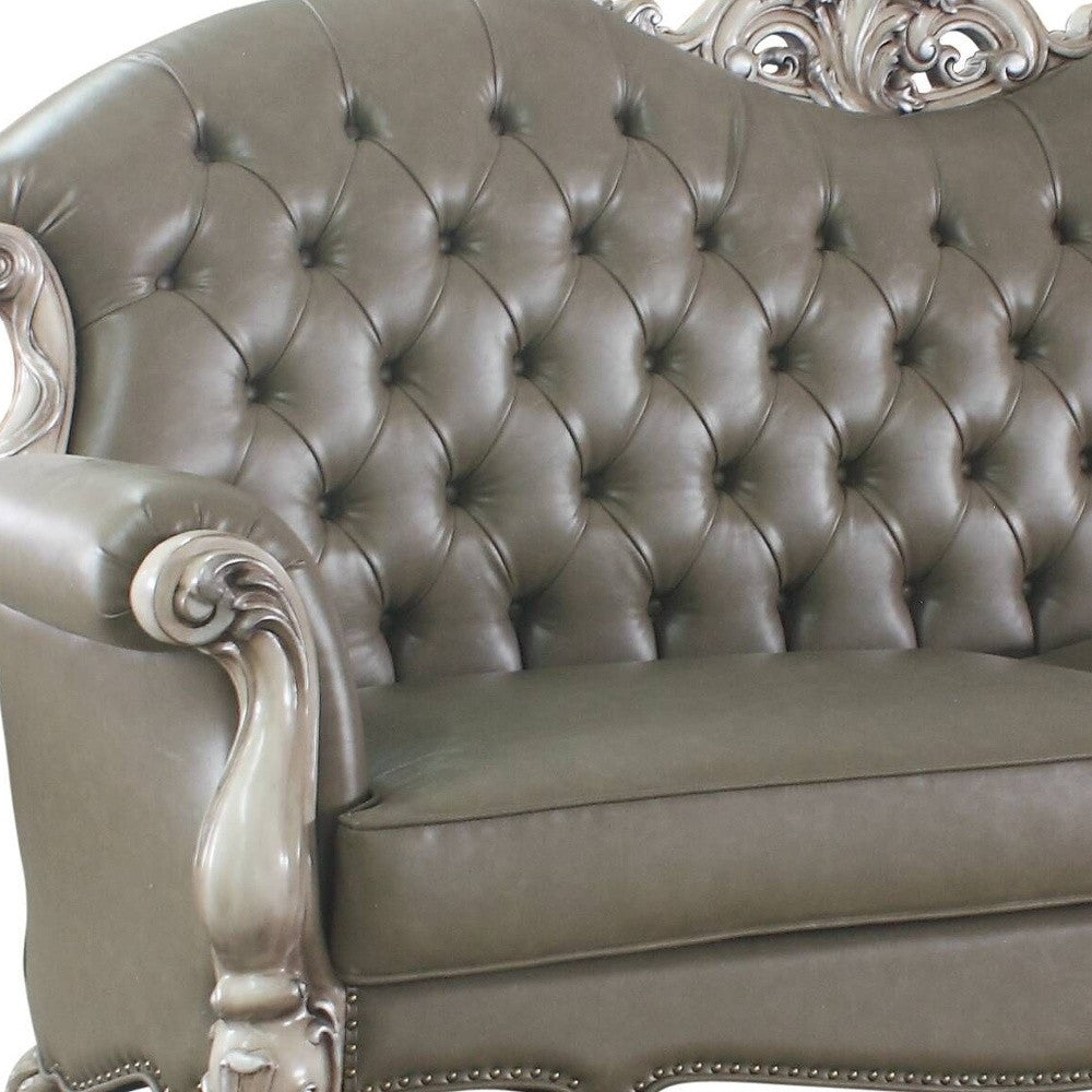 The Oryndal – 96" Bone Faux Leather Sofa with Toss Pillows & White Legs