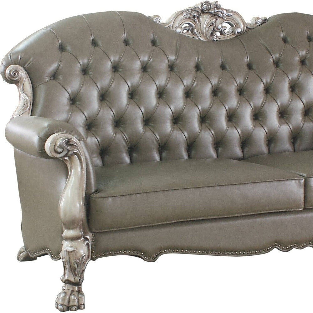The Oryndal – 96" Bone Faux Leather Sofa with Toss Pillows & White Legs