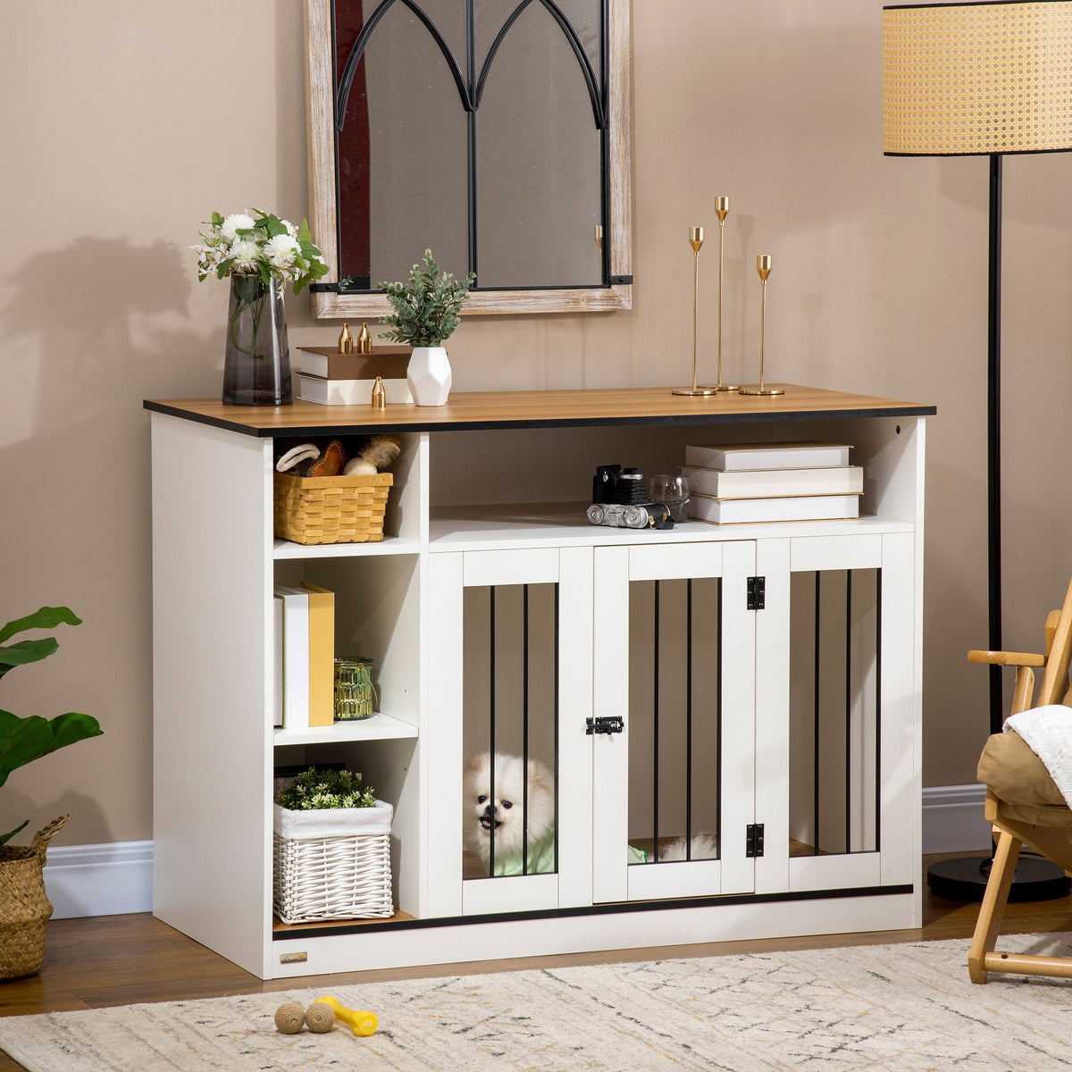 Small and Medium Dog Crate End Table with Extra Storage Space, Dog Crate Furniture with Large Tabletop, Pet Crate with Lockable Door, White