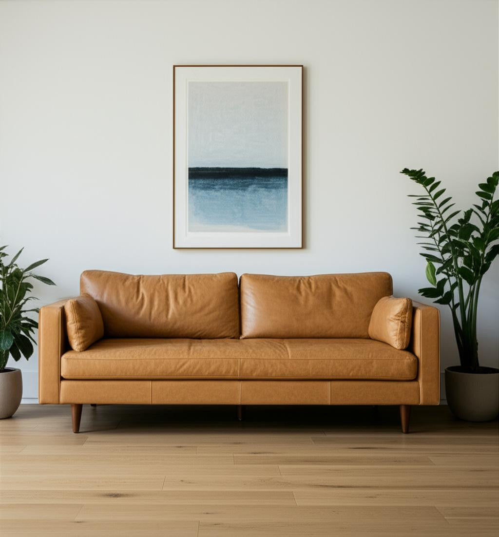 The Edisto – Tan Leather Sofa with Toss Pillows