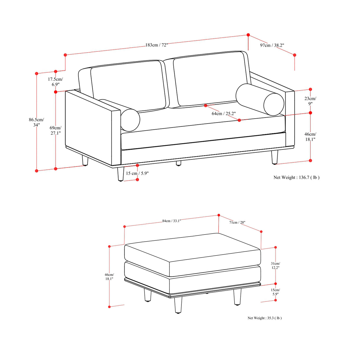 Lennox Leather Sofa with Ottoman – Brown