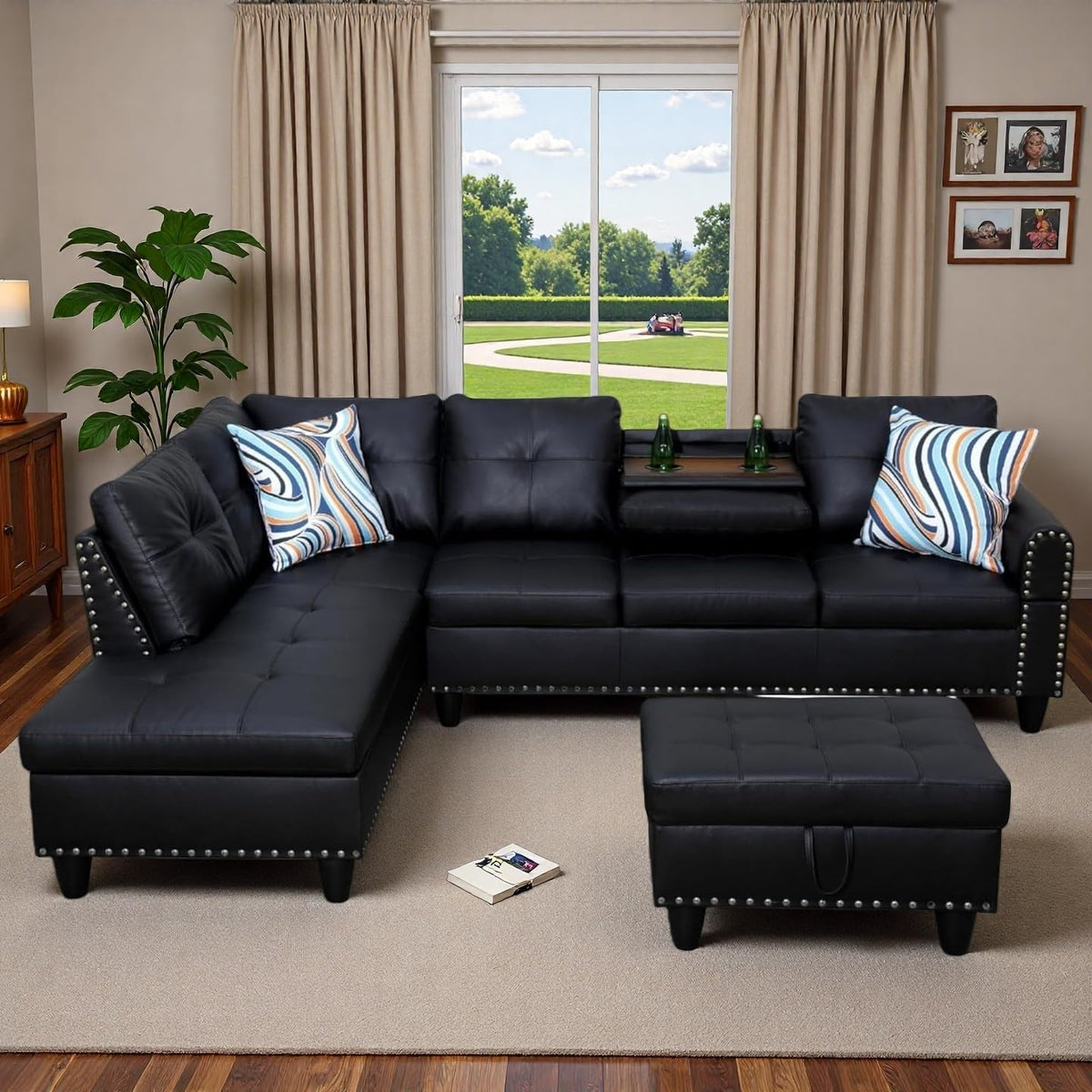 Berk Furniture Outlet 97.5 Inch L Shaped Modular Sectional Couch Set with Storage Ottoman 4 Seat Leather Sofa Chaise Living Room Apartment