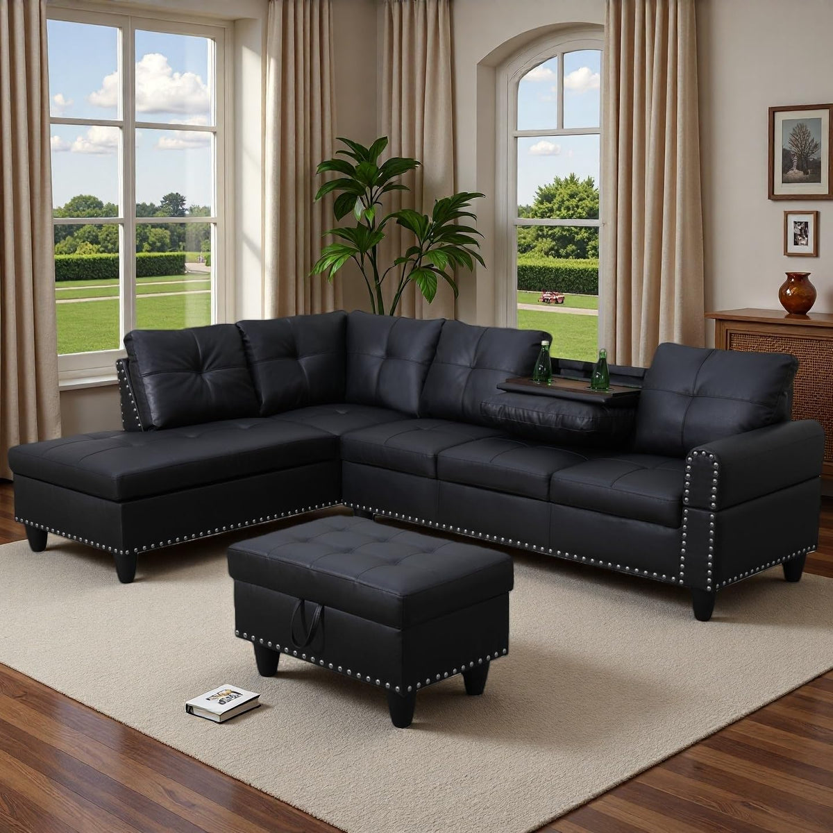 Berk Furniture Outlet 97.5 Inch L Shaped Modular Sectional Couch Set with Storage Ottoman 4 Seat Leather Sofa Chaise Living Room Apartment