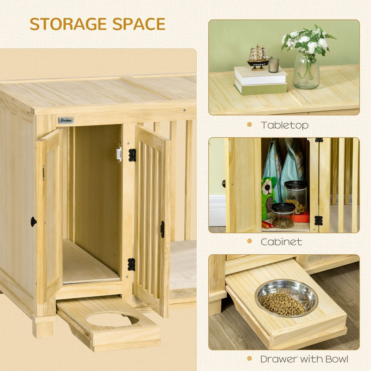 Wooden Dog Crate, Indoor Dog Kennels with Cushion Drawer Bowl Storage for Small Dogs, 37.5" x 23" x 27.5", Natural