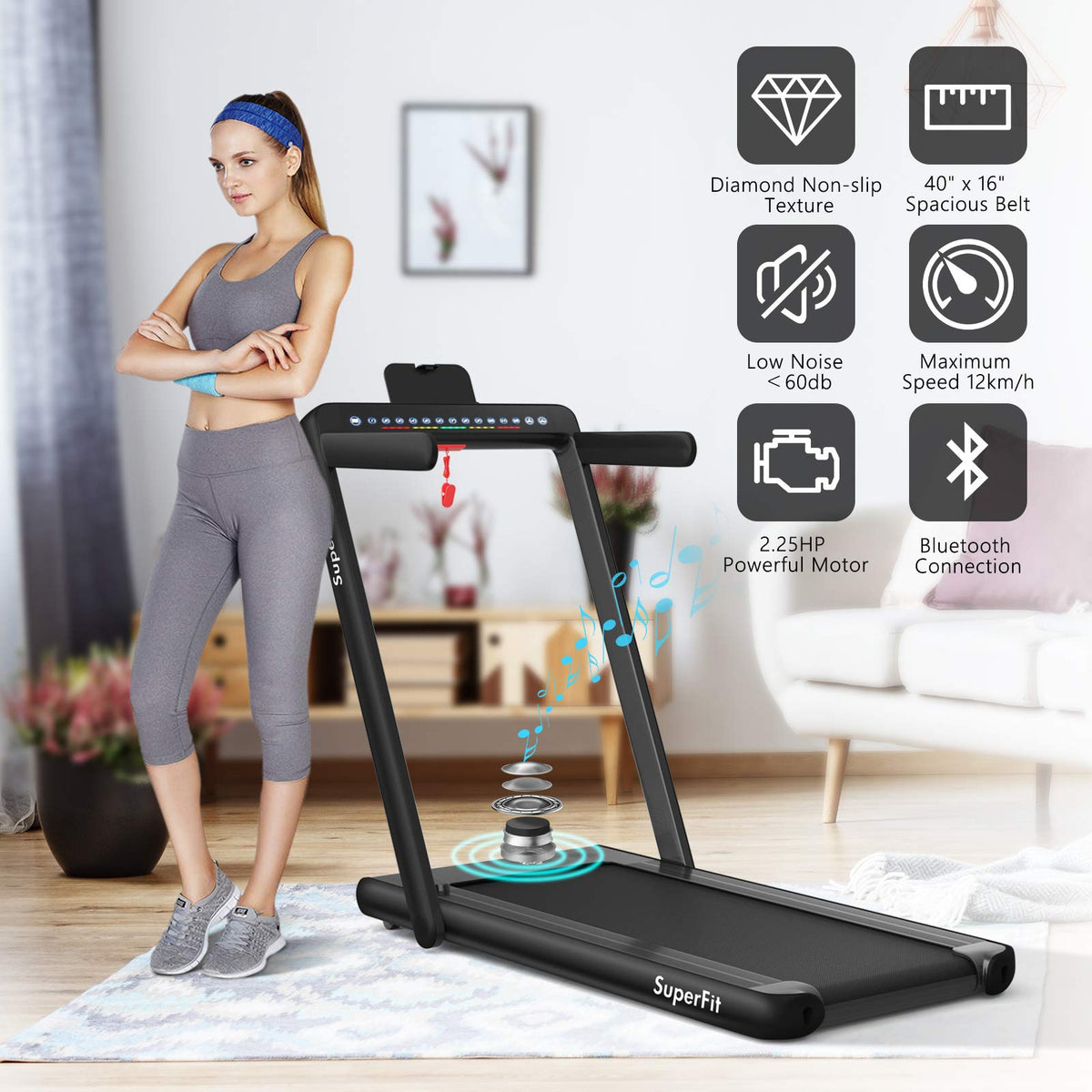 2 in 1 Folding Treadmill with Dual Display, 2.25HP Superfit Under Desk Electric Pad