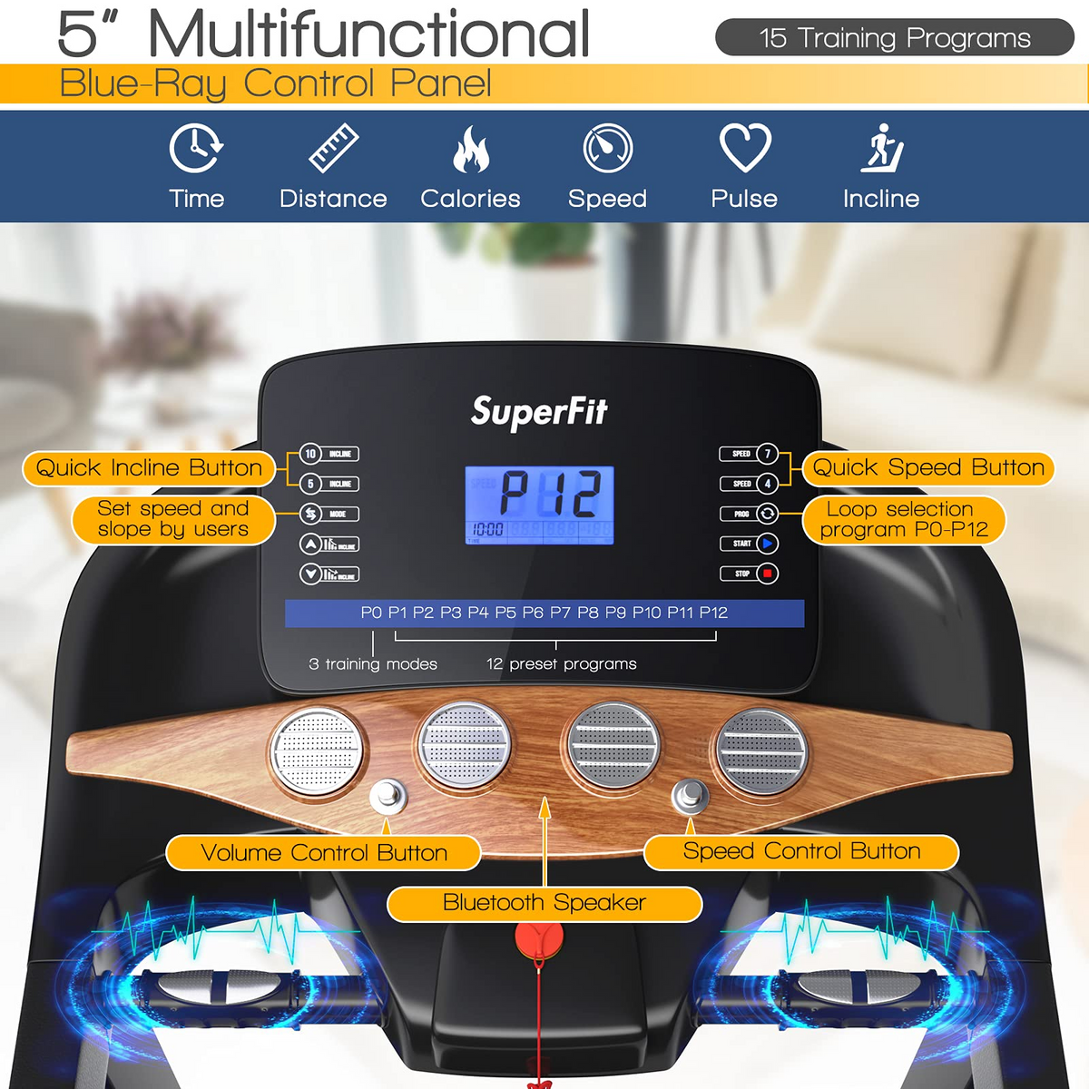 Goplus 3.75HP Folding Treadmill with Incline, Electric Superfit Treadmill w/App Control, 12 Preset & 3 Custom Programs