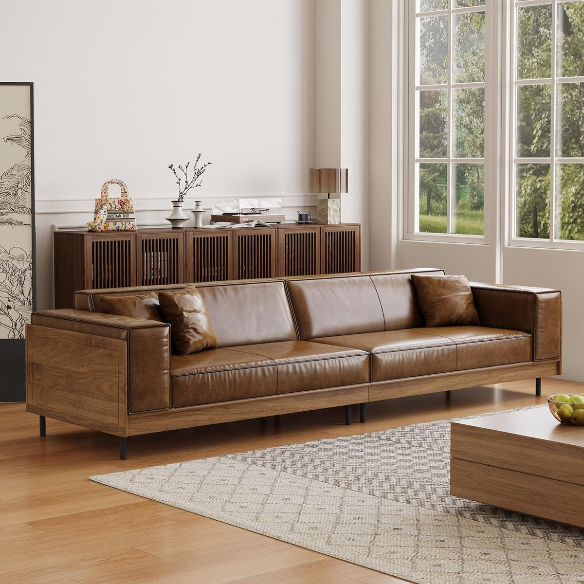 Berk Furniture Outlet Modern Leather Sofa 111.81 Inch 3 Seat Couch with Wooden Accents Spacious