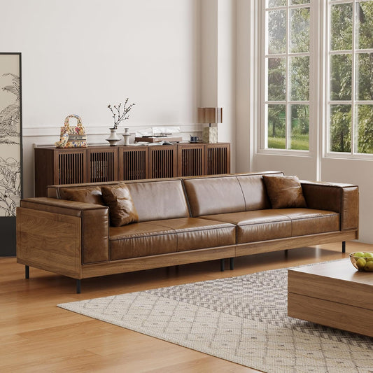 Berk Furniture Outlet Modern Leather Sofa 111.81 Inch 3 Seat Couch with Wooden Accents Spacious