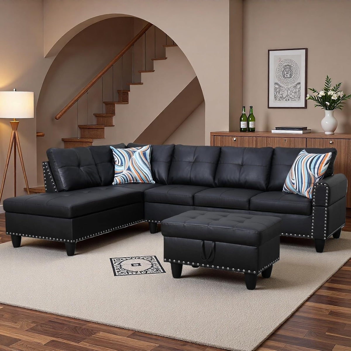 Berk Furniture Outlet 97.5 Inch L Shaped Modular Sectional Couch Set with Storage Ottoman 4 Seat Leather Sofa Chaise Living Room Apartment