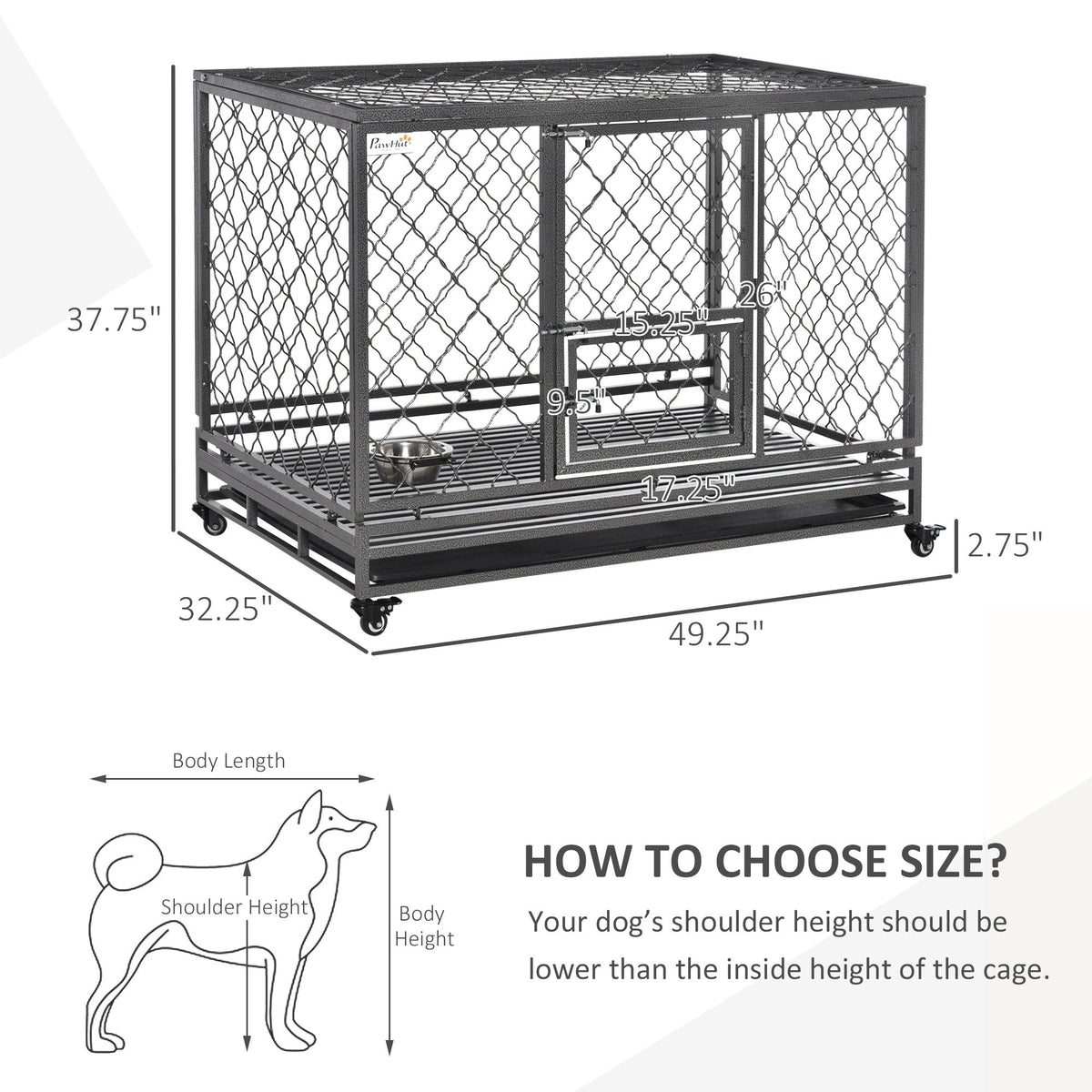 Heavy Duty Dog Cage Metal Kennel and Crate Dog Playpen with Lockable Wheels, Slide-out Tray, Food Bowl and Double Doors