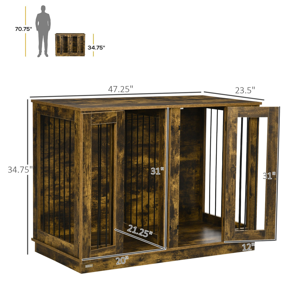 Large Furniture Style Dog Crate with Removable Panel, End Table with Two Rooms Design and Two Front Doors, Rustic Brown, 47" x 23.5" x 35"