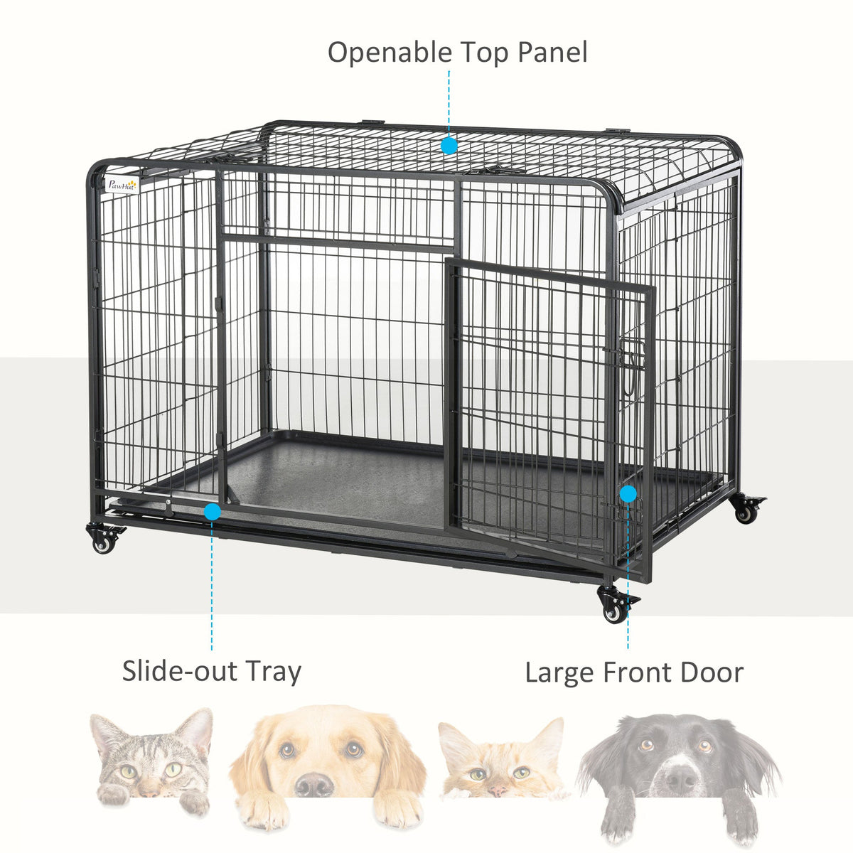 Folding Design Heavy Duty Metal Dog Cage Crate & Kennel with Removable Tray and Cover, & 4 Locking Wheels, Indoor/Outdoor 49"