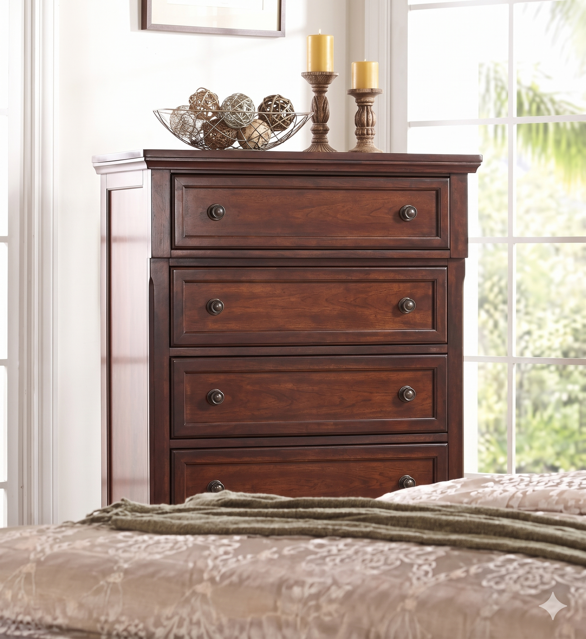 McFerran B608 Storage Sleigh Bedroom Set in Cherry - 2-Drawer Footboard and Bun Feet