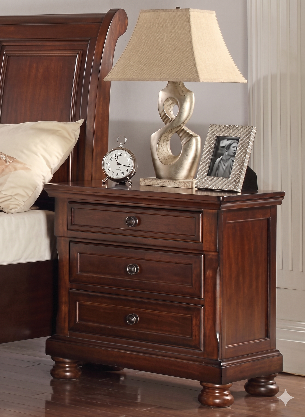 McFerran B608 Storage Sleigh Bedroom Set in Cherry - 2-Drawer Footboard and Bun Feet