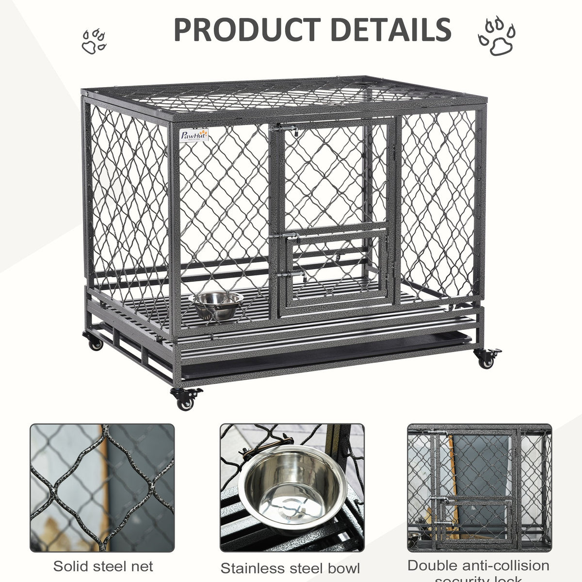 Heavy Duty Dog Cage Metal Kennel and Crate Dog Playpen with Lockable Wheels, Slide-out Tray, Food Bowl and Double Doors
