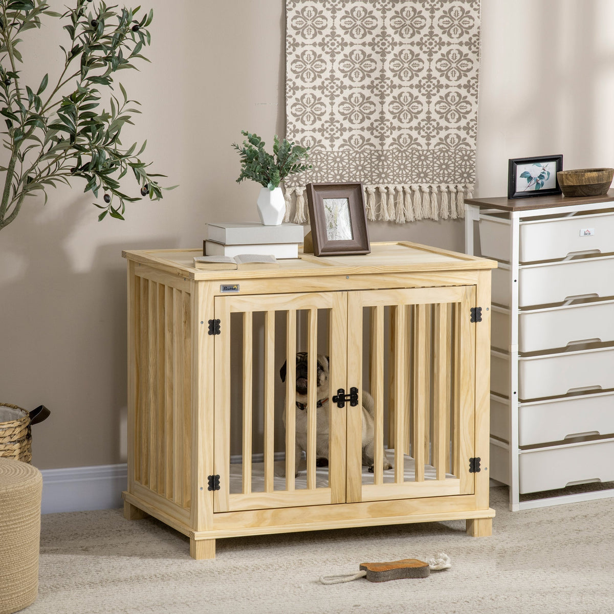 Wooden Dog Crate Furniture with Soft Cushion, Dog Crate End Table with Double Doors, Indoor Pet Crate for Small Medium Dogs