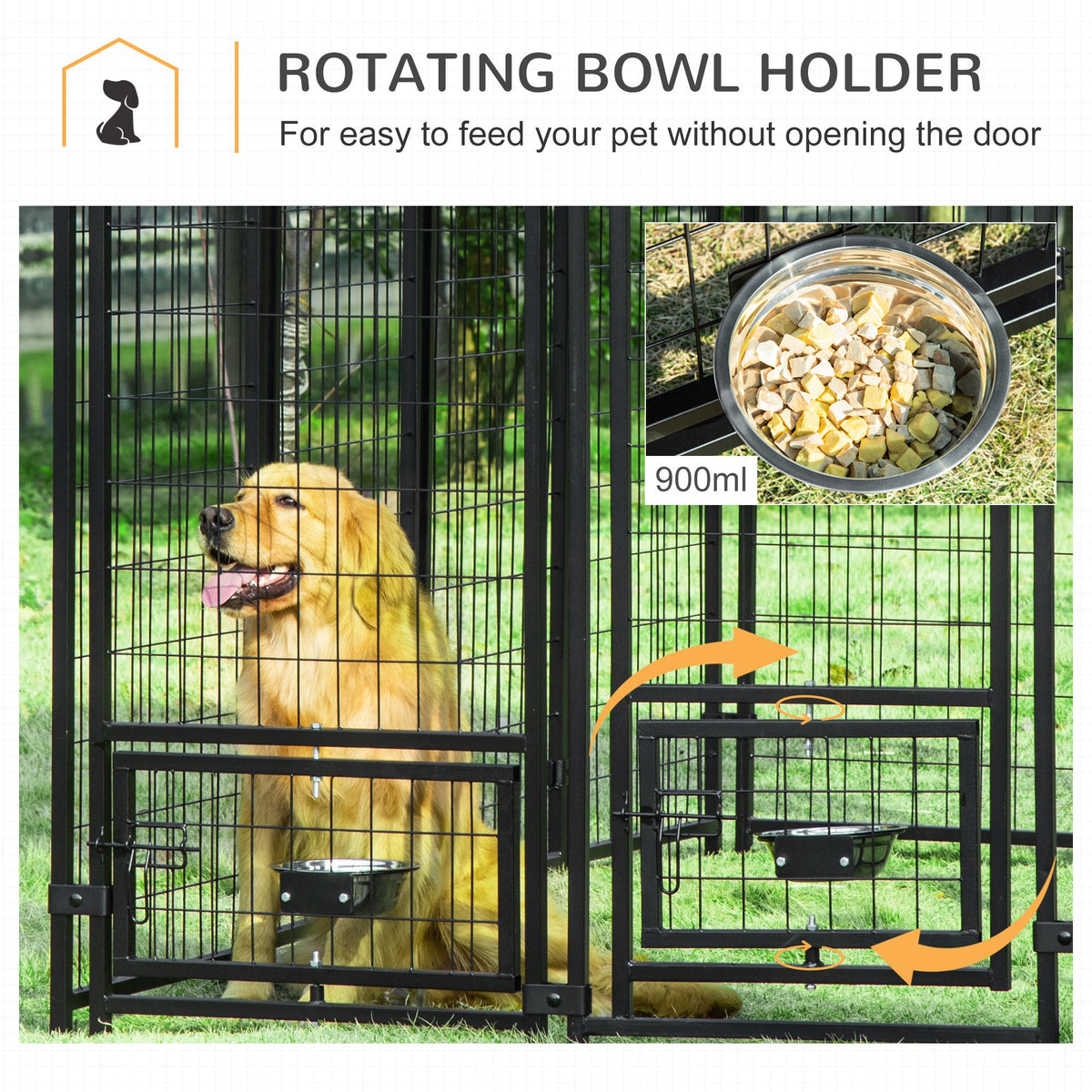 Outdoor Dog Kennel, Lockable Pet Playpen Crate, Welded Wire Steel Fence, with Water-, UV-Resistant Canopy, Rotating Bowl Holders, Door