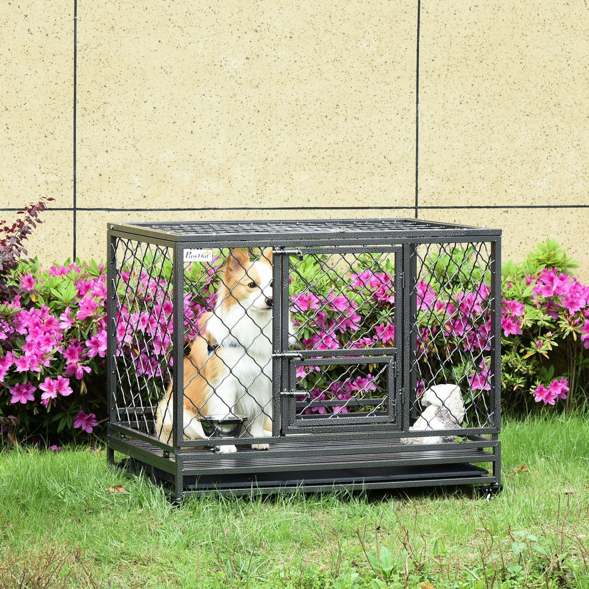 Heavy Duty Dog Cage Metal Kennel and Crate Dog Playpen with Lockable Wheels, Slide-out Tray, Food Bowl and Double Doors