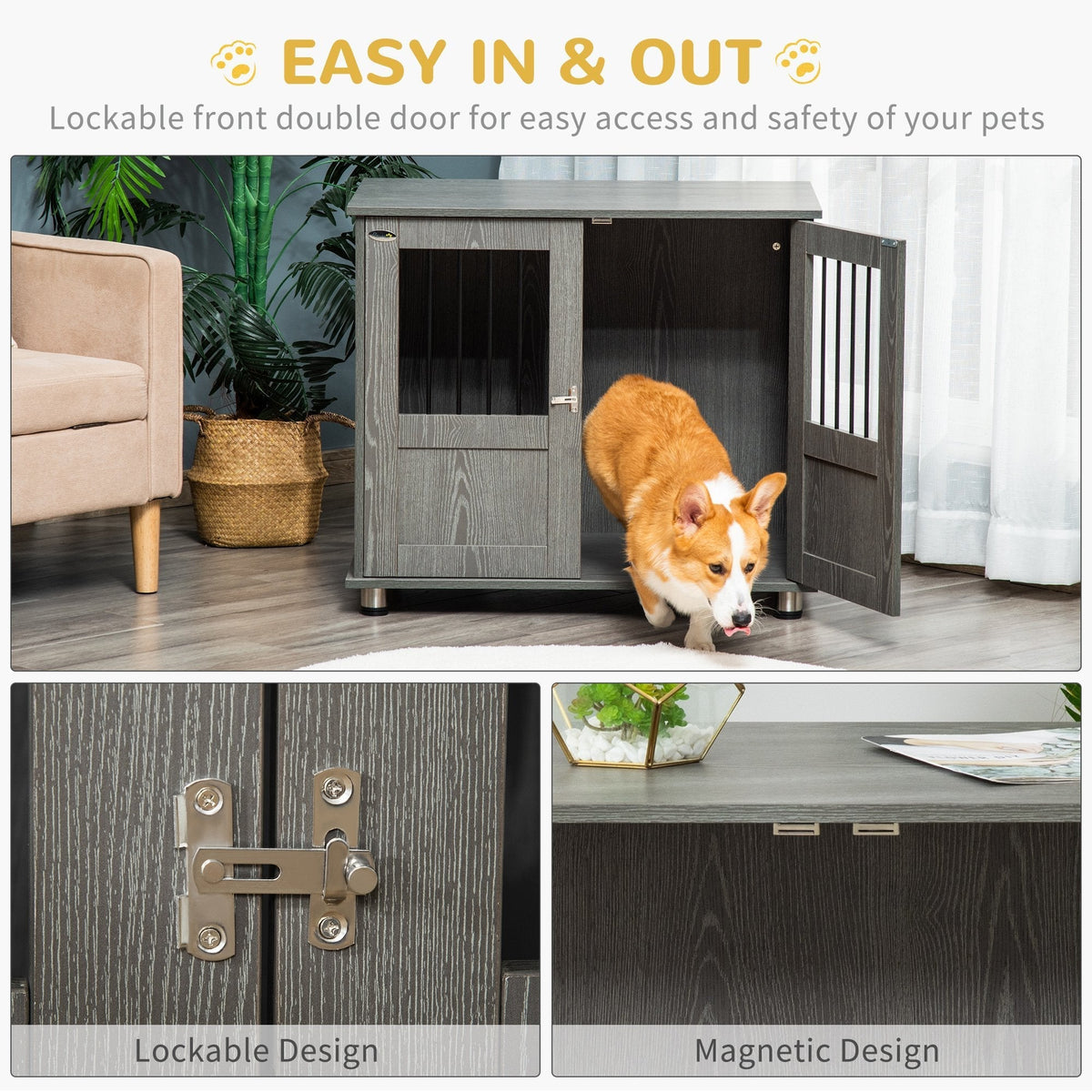 Stylish Dog Kennel, Wooden End Table Furniture with Cushion & Lockable Magnetic Doors, Small Size Pet Crate Indoor Animal Cage, Grey