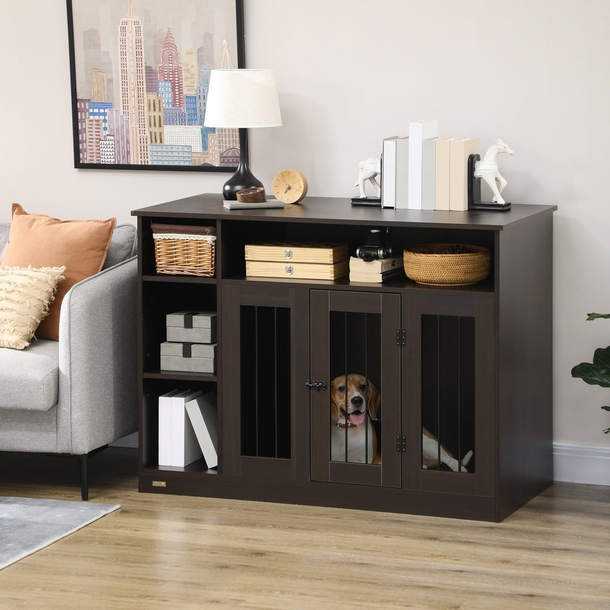 Dog Crate Furniture with Storage Space, Dog Kennel with Lockable Door, Pet Cage for Large Medium Dogs, 47" x 23.5" x 35", Brown