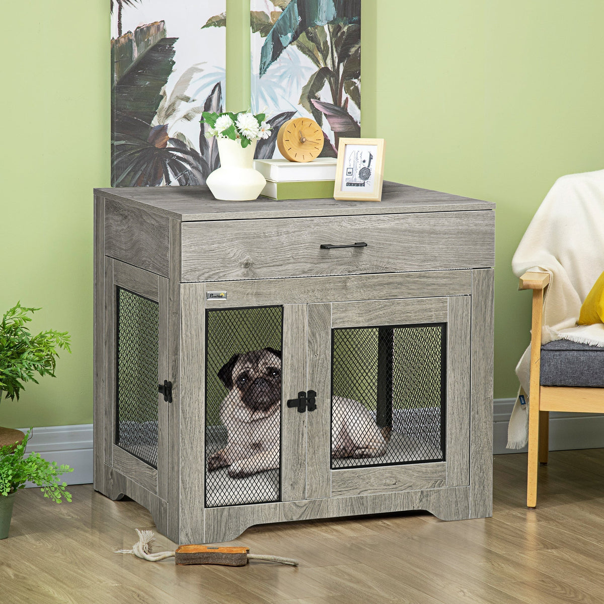 Dog Crate Furniture with Soft Water-Resistant Cushion, Dog Crate End Table with Drawer, Puppy Crate for Small Dogs Indoor with 2 Doors, Grey