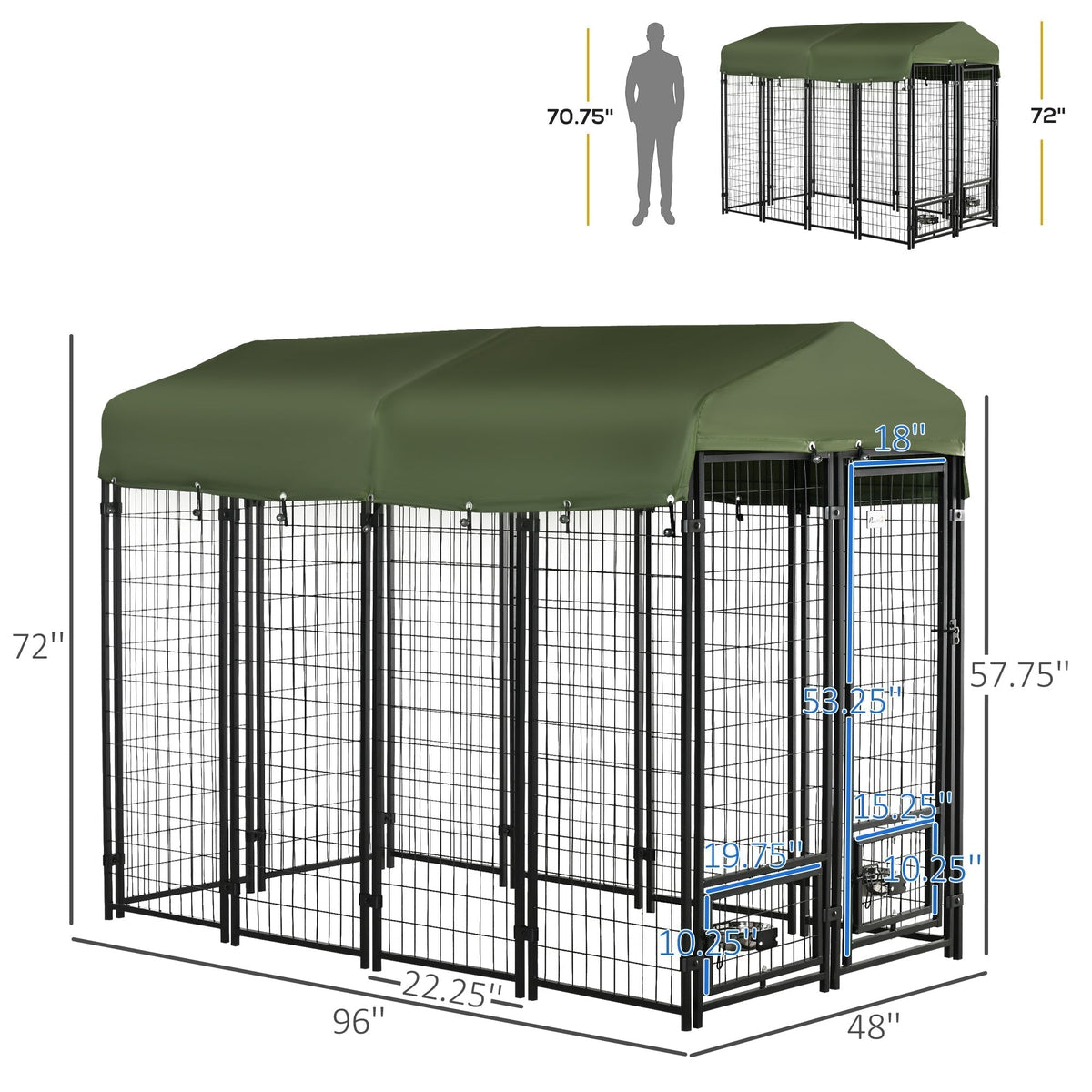 Outdoor Dog Kennel, Lockable Pet Playpen Crate, Welded Wire Steel Fence, with Water-, UV-Resistant Canopy, Rotating Bowl Holders, Door