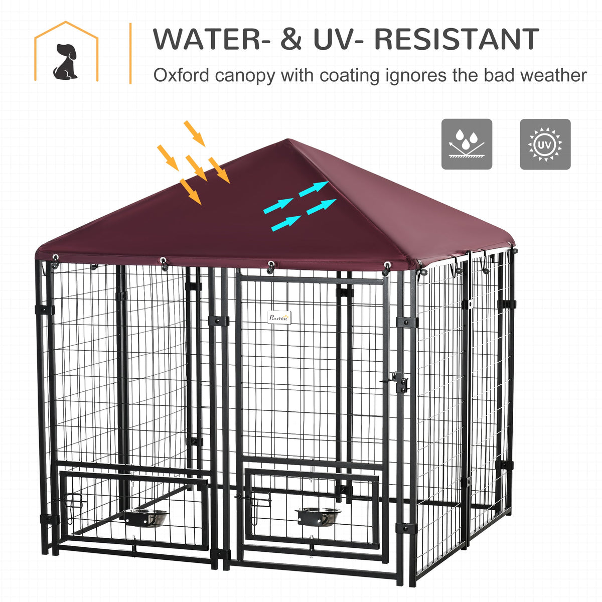 Indoor/Outdoor Metal Dog Kennel, Dog House with Lock, Weather Resistant Canopy and 2 Bowl Holders and Bowls, 4.6' x 4.6' x 5', Black / Red