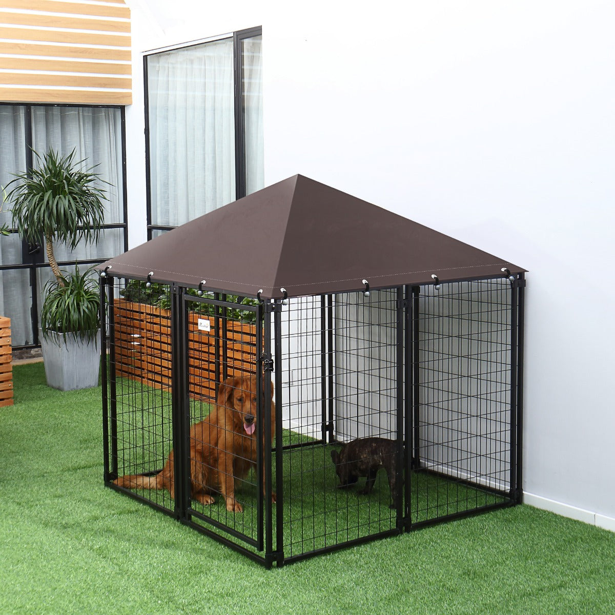Lockable Dog House Kennel with Water-resistant Roof for Small and Medium Sized Pets, 4.6' x 4.6' x 5'