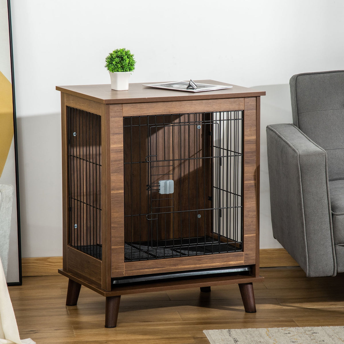 Stylish Dog Kennel, Wooden & Wire End Table Furniture with Cushion & Lockable Magnetic Doors, Small Size Pet Crate Indoor Animal Cage, Brown