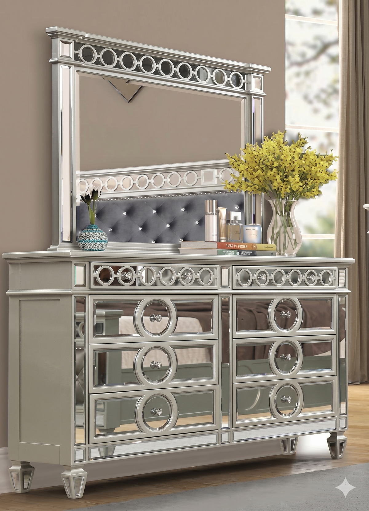 McFerran Home Furnishing B1689 Silver & Grey Velvet Bedroom Set