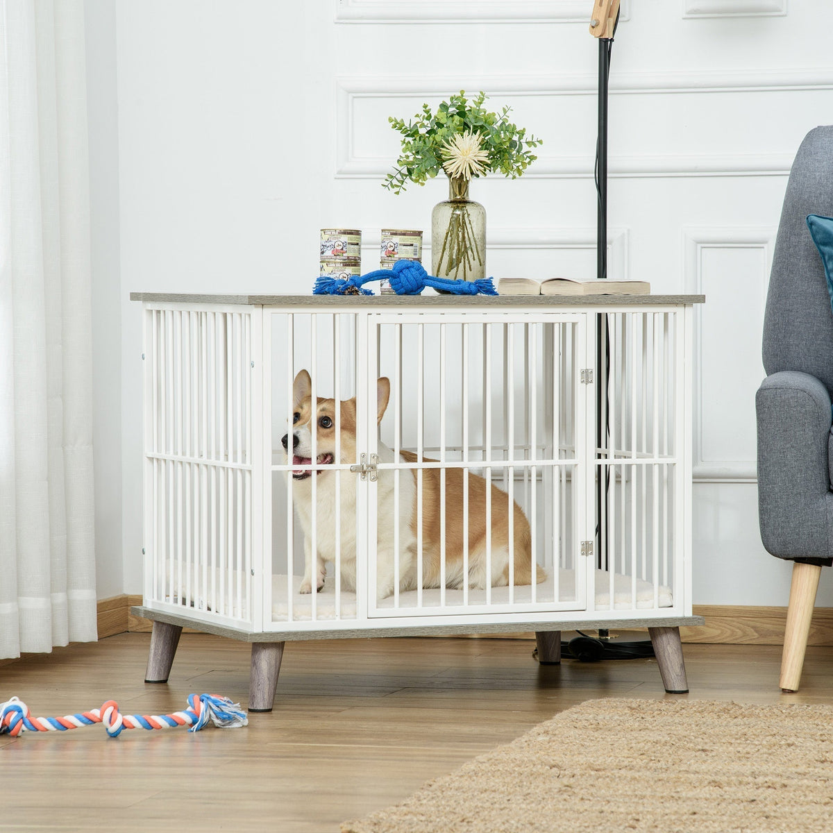 Dog Crate, Furniture Style Pet Cage Kennel, Decorative Dog House, with Soft Cushion, Wooden Top, for Small & Medium Dogs, Indoor Use, Grey