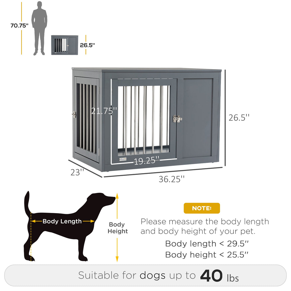 Furniture Style Indoor Dog Crate, End Table Pet Cage Kennel with Double Doors, and Locks, for Medium Dogs, Grey