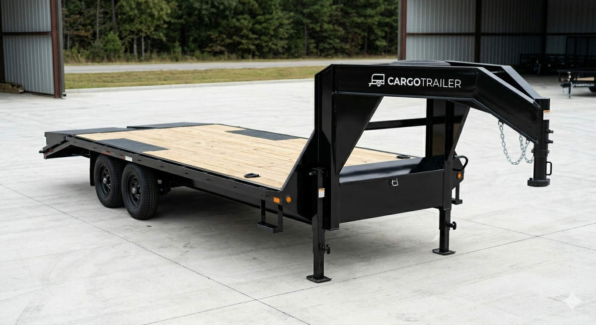 8.5×25 Gooseneck Flatbed Equipment Trailer – Tandem Dual Axle Black – CARGOTRAILER