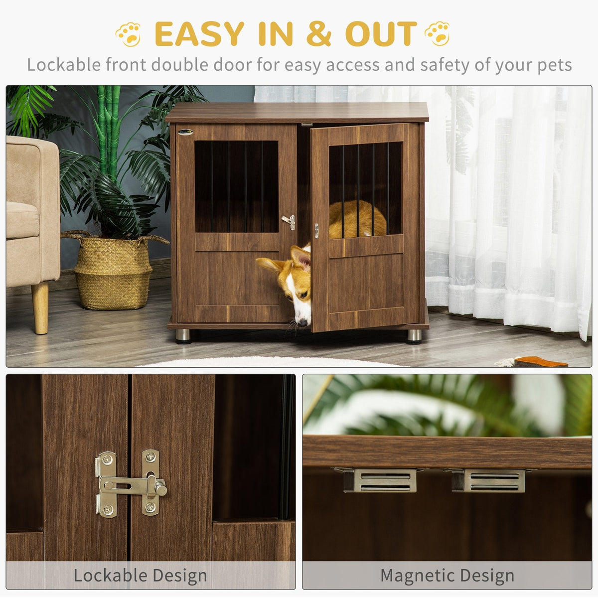 Furniture Style Dog Crate, Wooden & Wire End Table, Small & Medium Pet Crate with Magnetic Double Door Indoor Decorative Dog Kennel Cage, Brown