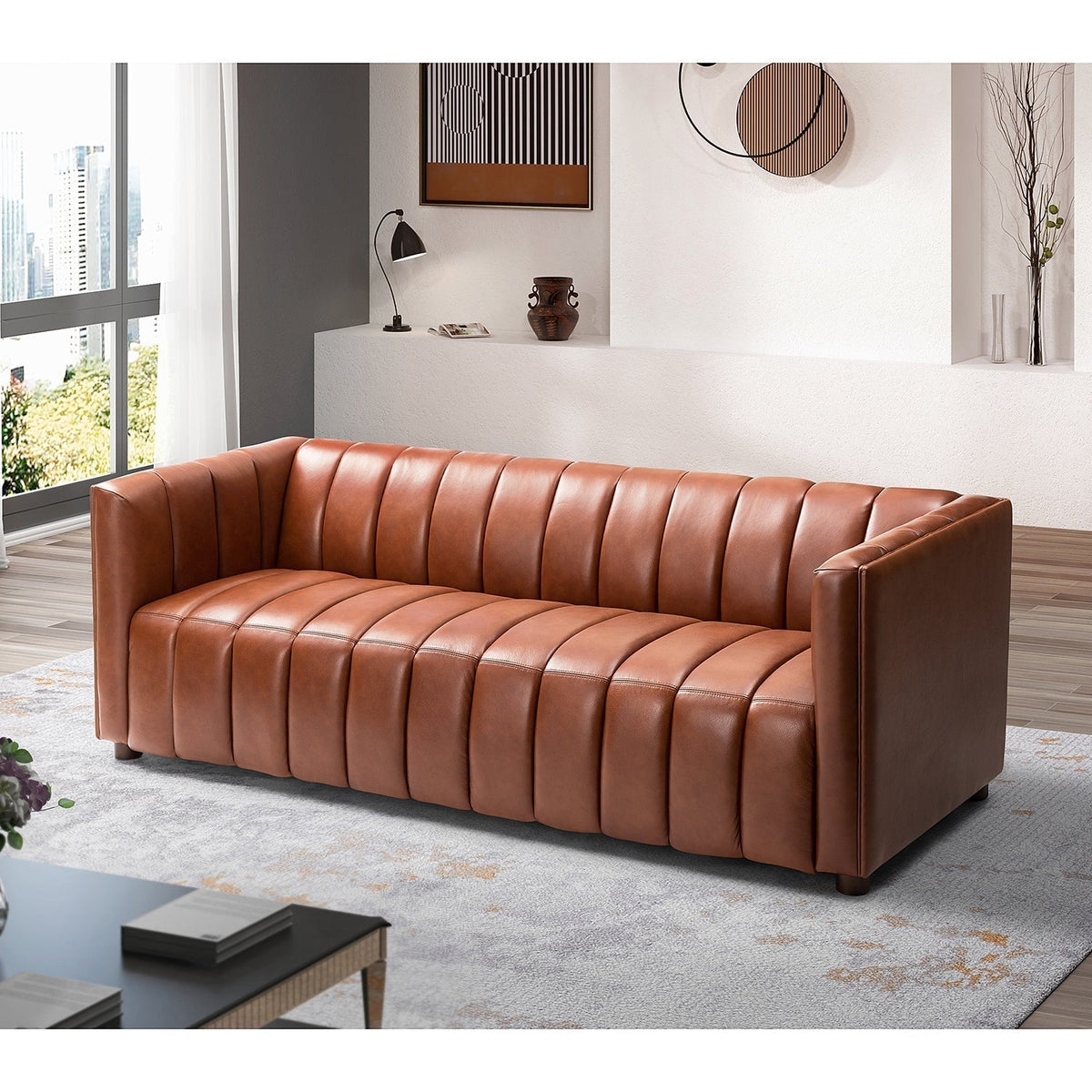 Ulysses Genuine Leather Sofa – Brown Channel-Tufted Luxury Sofa