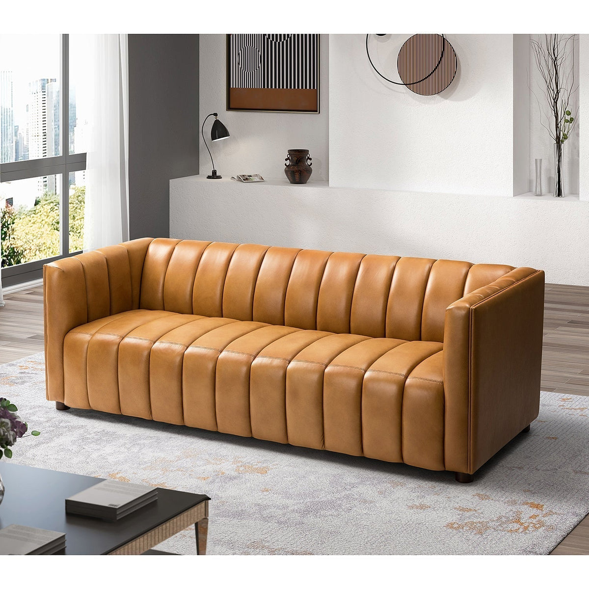 Ulysses Genuine Leather Sofa – Camel Channel-Tufted Luxury Sofa