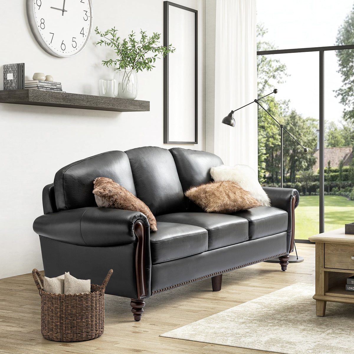 Dietmar Genuine Leather Sofa – Black Curved Leather Nailhead Sofa