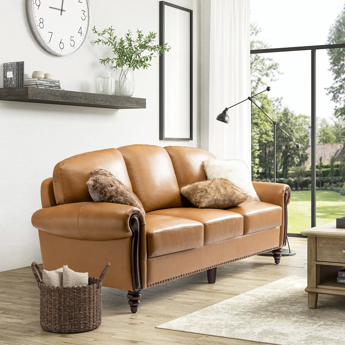 Dietmar Genuine Leather Sofa – Camel Curved Leather Nailhead Sofa