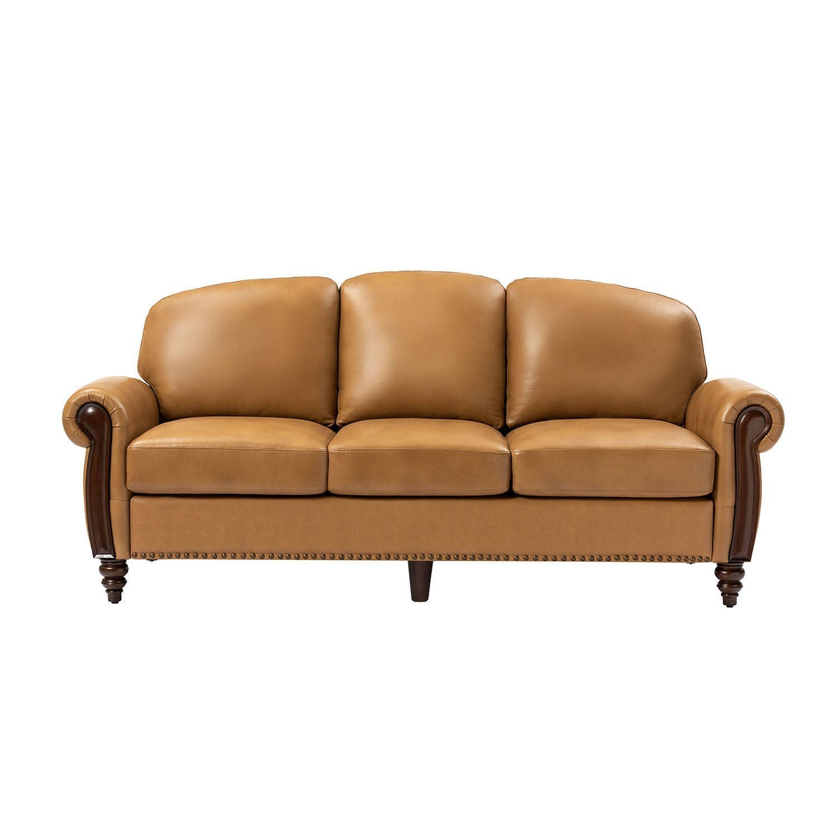 Dietmar Genuine Leather Sofa – Camel Curved Leather Nailhead Sofa