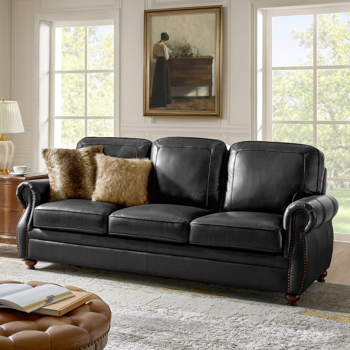 Gerardo Genuine Leather Sofa – Black Rolled Arm Nailhead Sofa