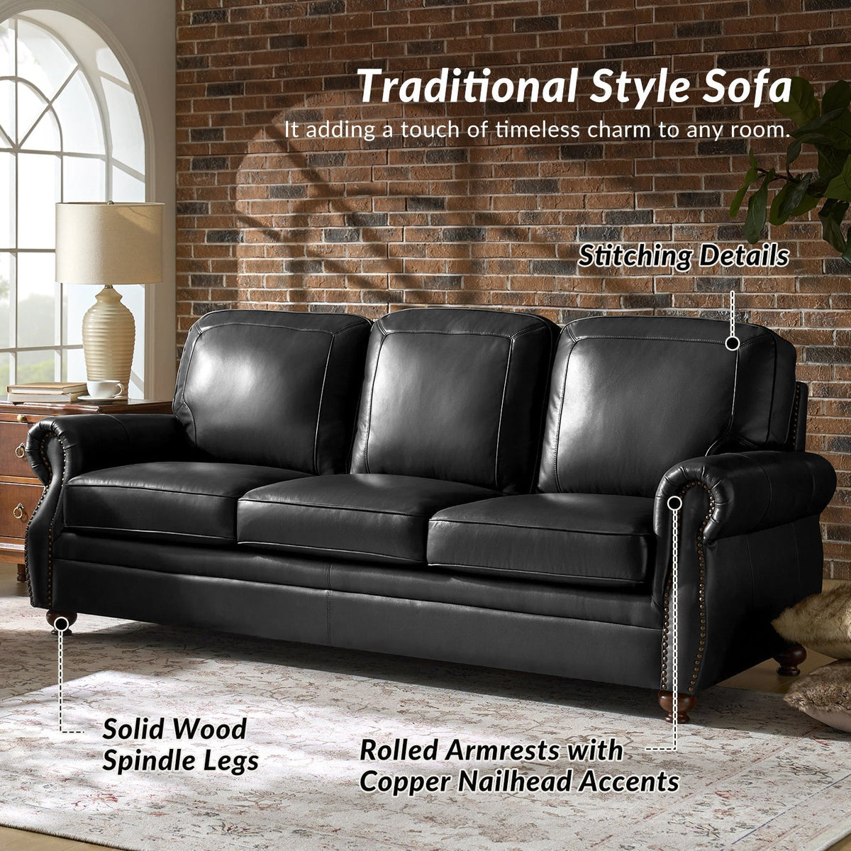 Gerardo Genuine Leather Sofa – Black Rolled Arm Nailhead Sofa